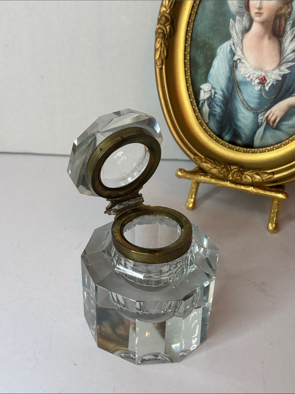 Victorian Era Cut Crystal Inkwell with Faceted Lid